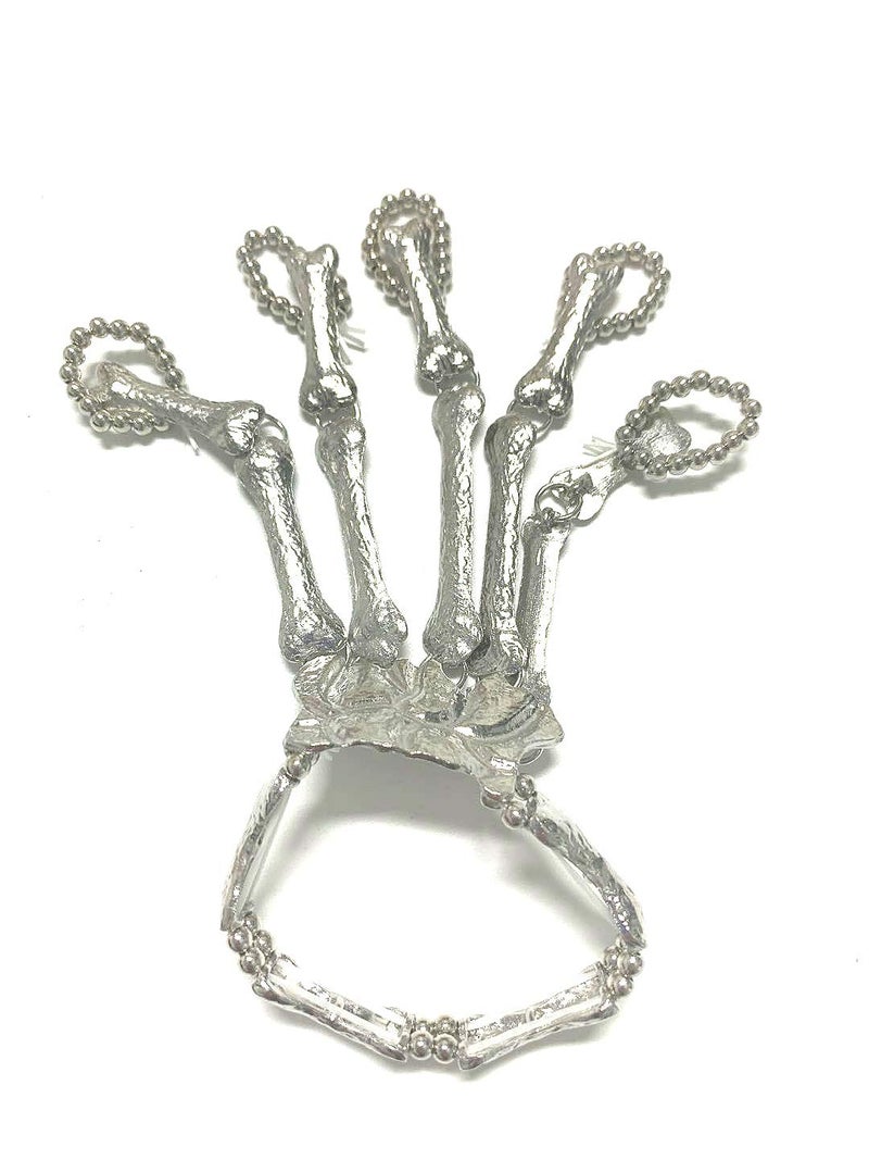 Sither Cathercing Halloween Wristband Skull Fingers Metal Skeleton Hand Bracelet with Ring for Women and Men on Party(silver) - Image 5